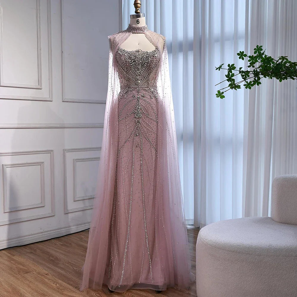 Luxury Dubai Nude Mermaid Evening Dress with Cape Sleeves LA73195 - SERENE HILL