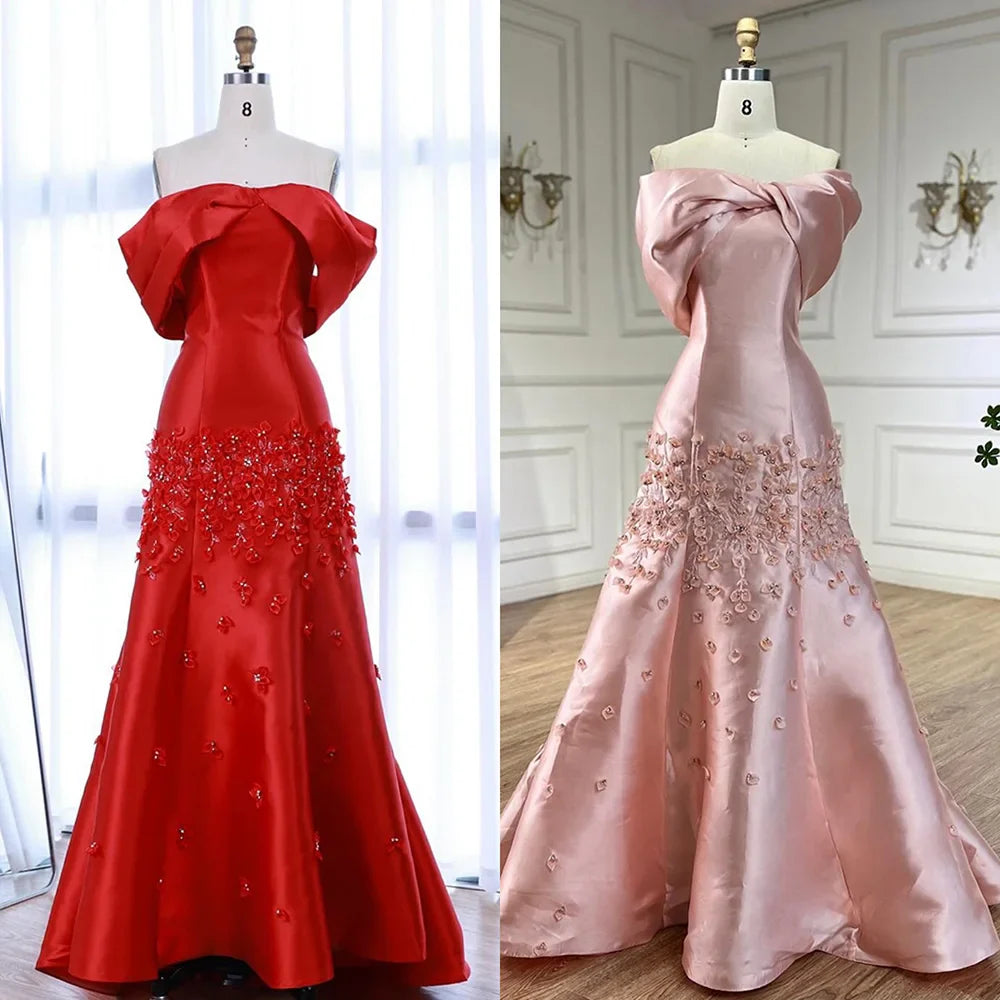 Luxury Peach Satin Mermaid Evening Dress with Appliques LA72483