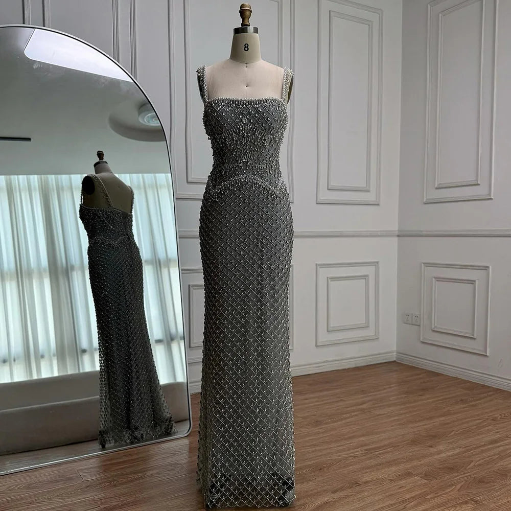 Luxury Silver Mermaid Evening Dress with Designed Stones LA72919