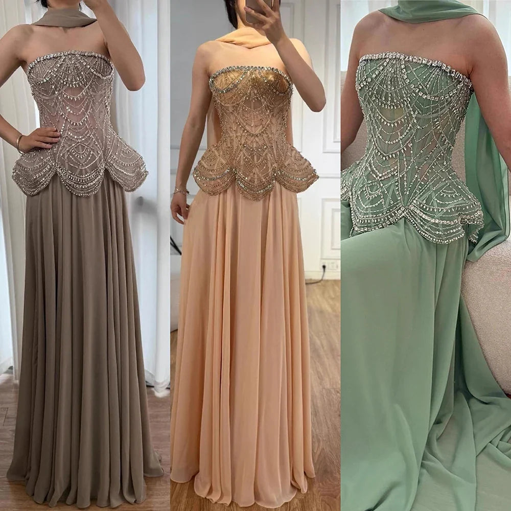 Luxury Designer Nude Beaded Chiffon Evening Dress LA72915