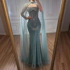 Luxury Turquoise Crystal Beaded Evening Dress with Cape LA73202 - SERENE HILL