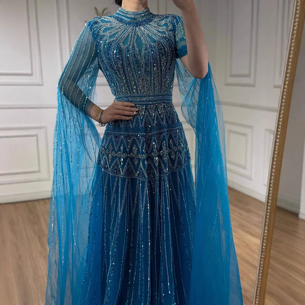 Luxury Arabic Blue Beaded Evening Dress with Cape Sleeves LA73187
