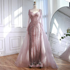 Luxury Dubai Pink Evening Dress Long Sleeve with Train LA73198 - SERENE HILL