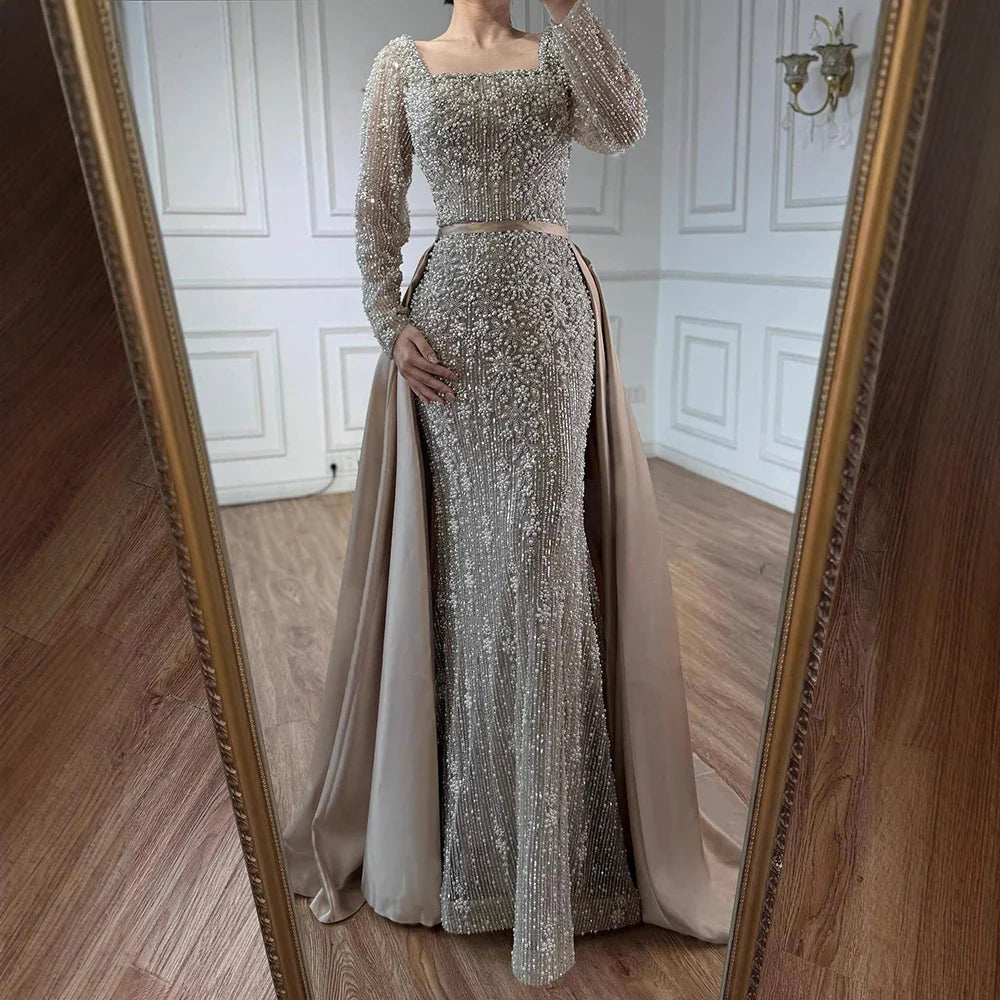 Luxury  Dubai Arabic Muslim Caramel Mermaid Beaded Evening Gown with Overskirt LA72533A