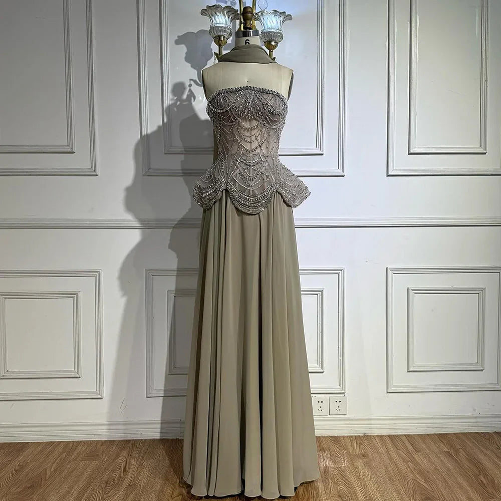 Luxury Designer Nude Beaded Chiffon Evening Dress LA72915