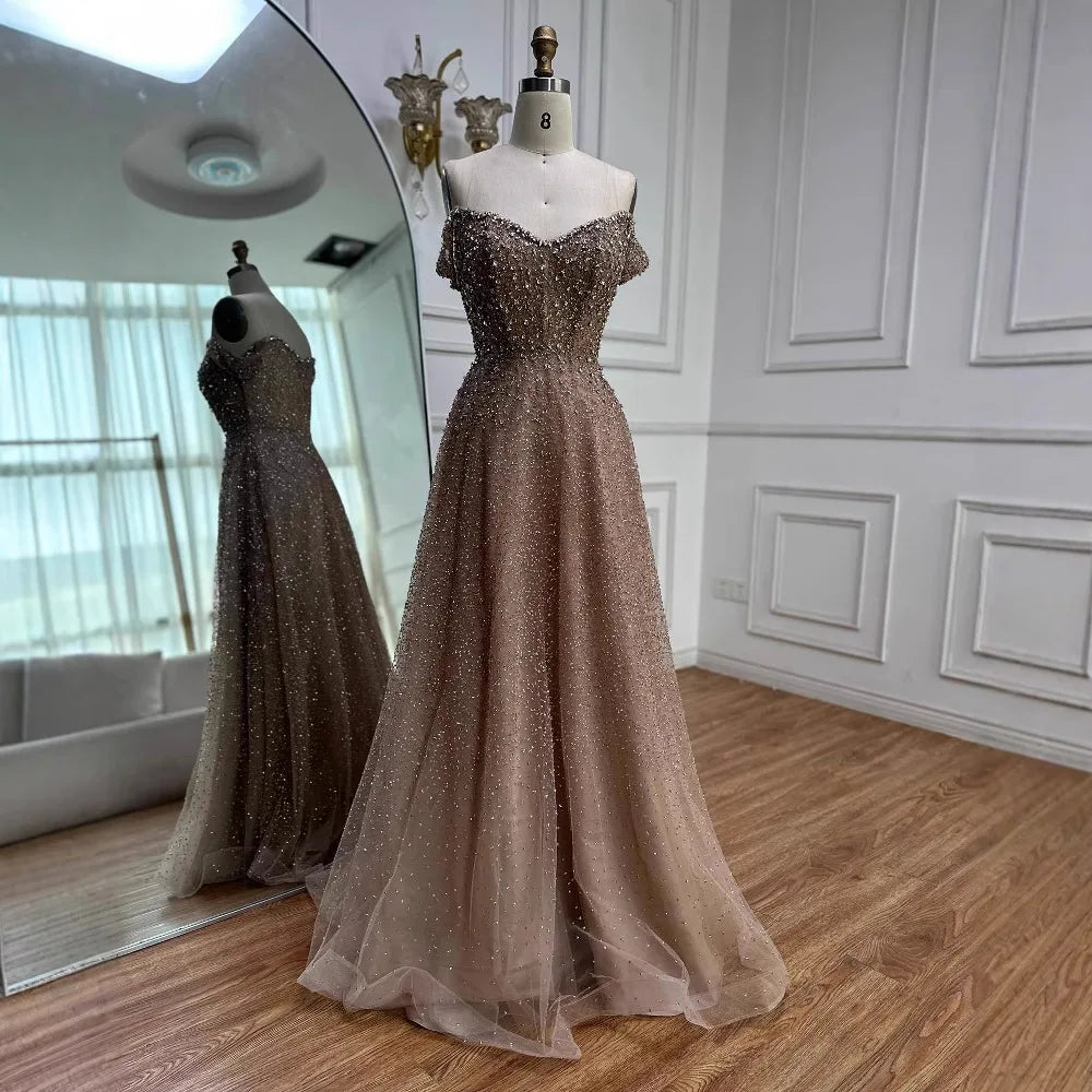 Caramel Off Shoulder A-Line Arabic Evening Dress LA72147B