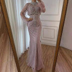 Luxury Turquoise Crystal Beaded Mermaid High Neck Long Sleeve Evening Dress LA73136