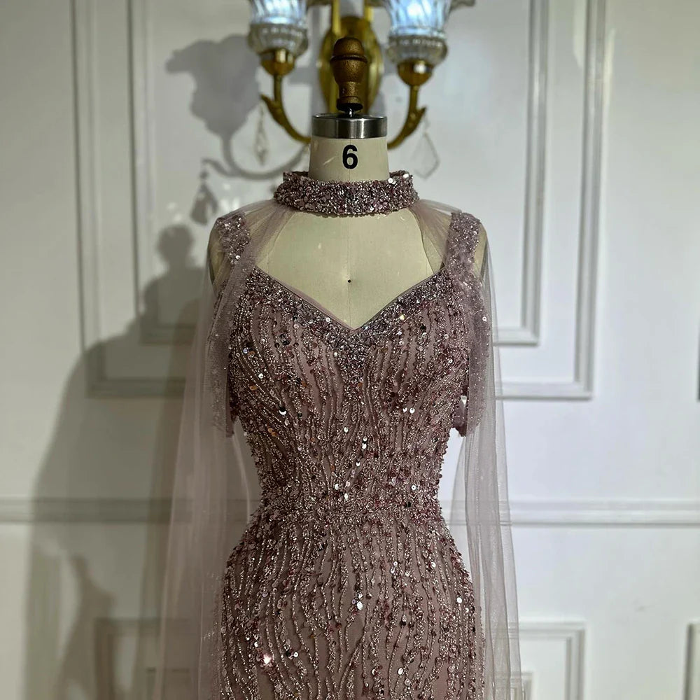 Pink Mermaid Luxury Beaded Evening Gown with Cape Sleeves LA72921