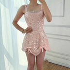 Luxury Nude Pearl Beaded A-Line Mini Evening Dress LA73211 - SERENE HILL