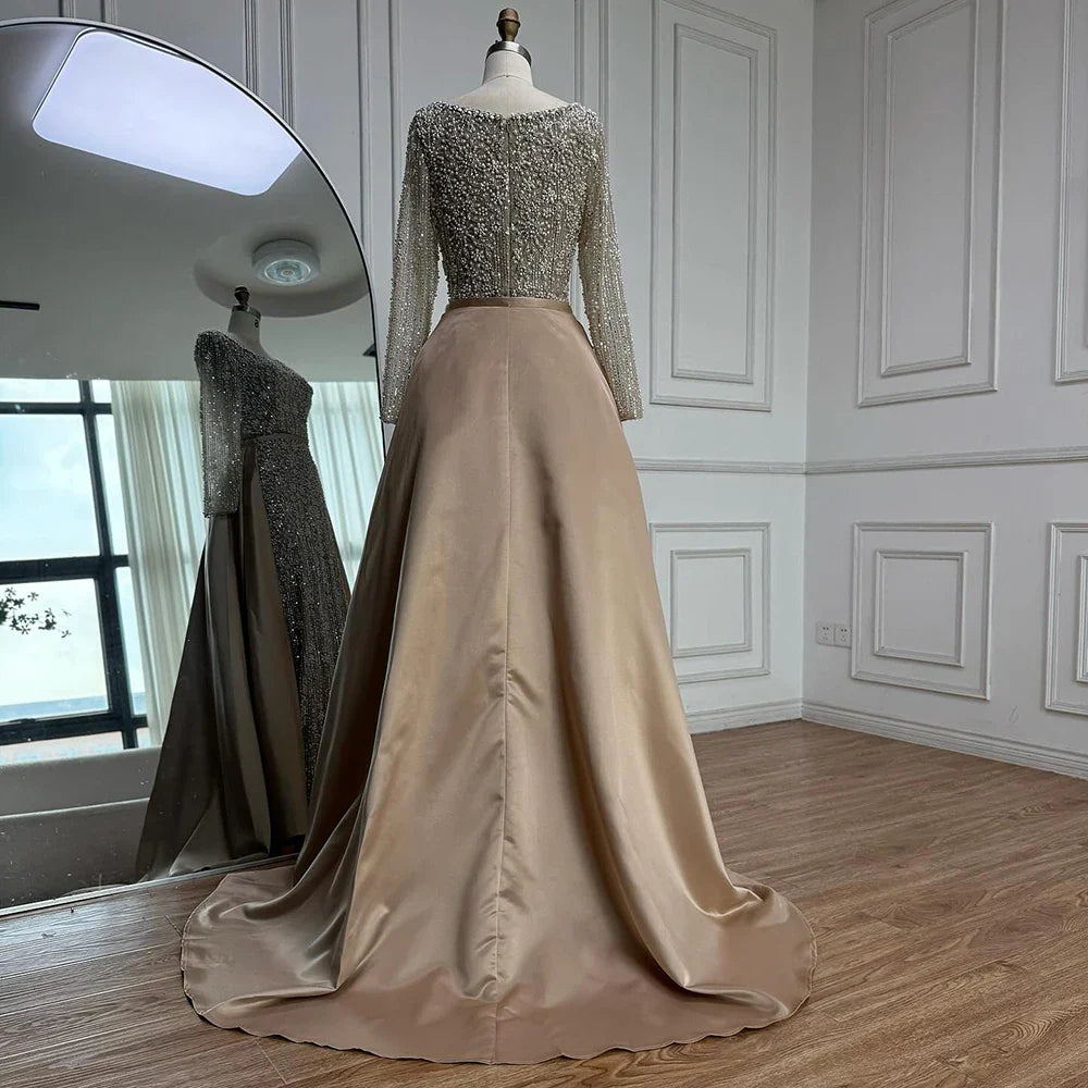 Luxury  Dubai Arabic Muslim Caramel Mermaid Beaded Evening Gown with Overskirt LA72533A