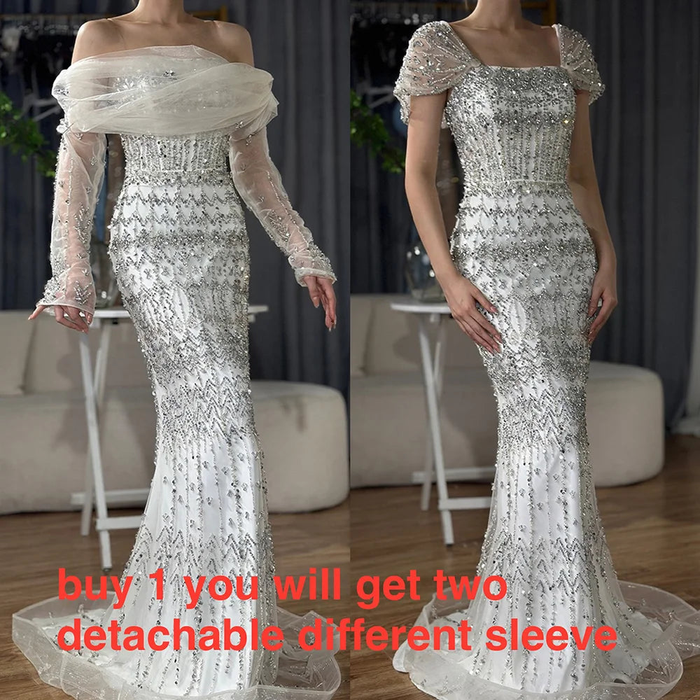 Luxury Dubai White Mermaid Beaded Evening Dress with  Cape Sleeves LA72714