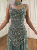 Luxury Turquoise Arabic Mermaid Beaded Evening Dress LA73189B