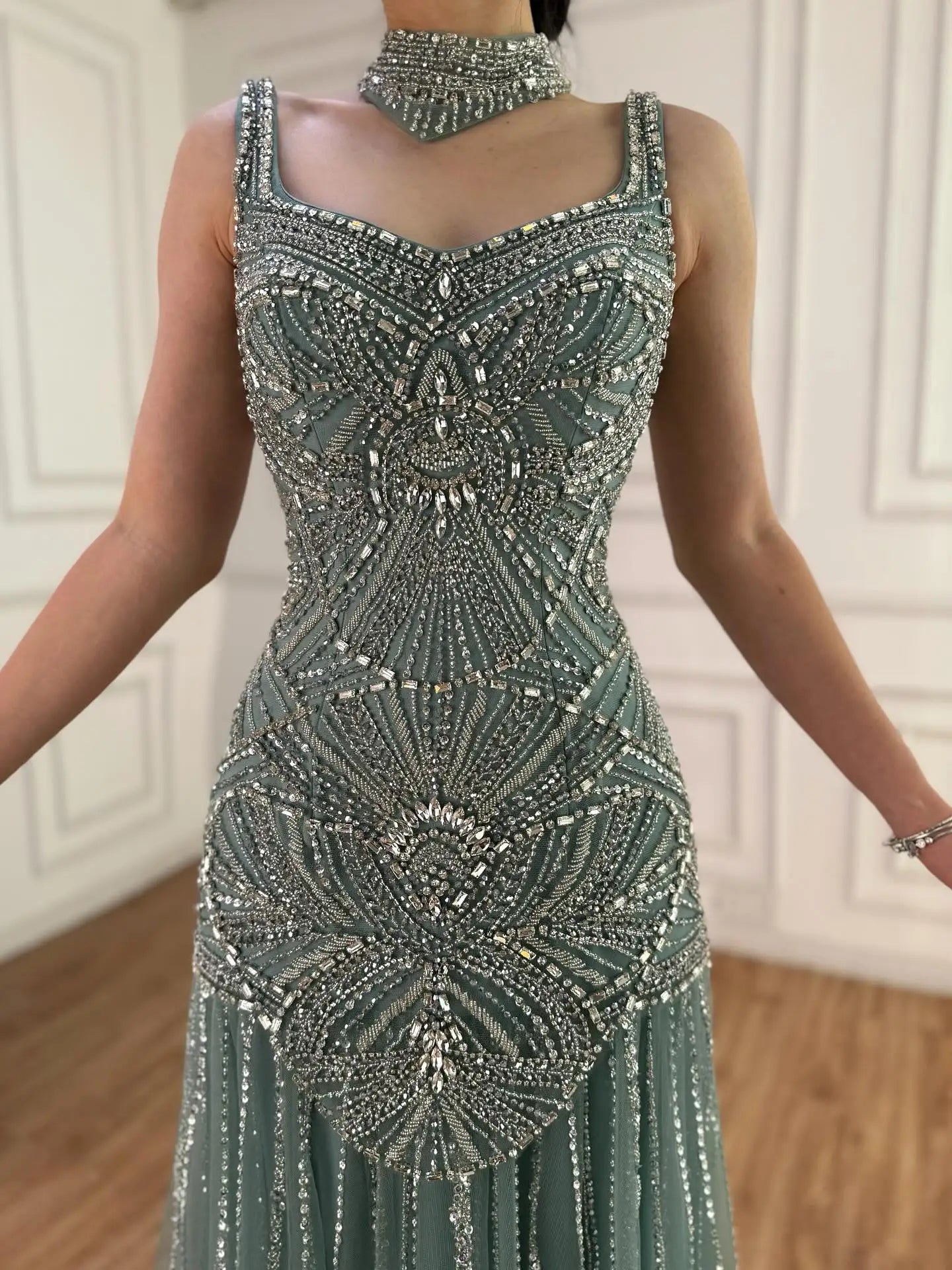 Luxury Turquoise Arabic Mermaid Beaded Evening Dress LA73189B