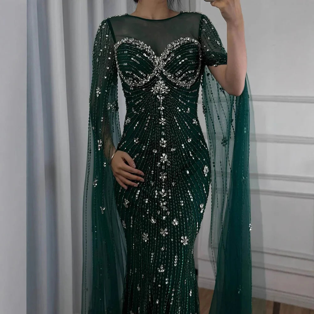 Luxury Green Beaded Mermaid Dress with Cape Sleeves LA73115