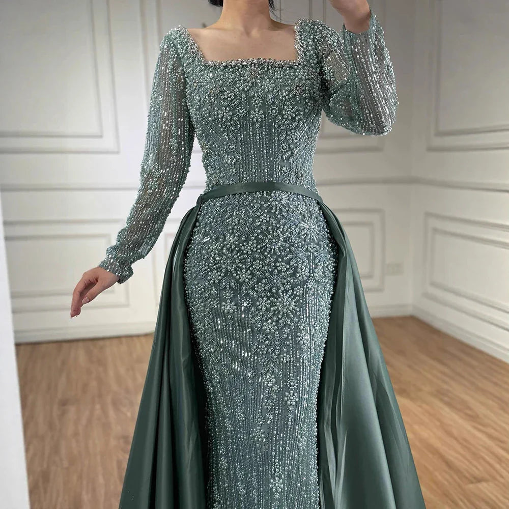 Luxury  Dubai Arabic Muslim Caramel Mermaid Beaded Evening Gown with Overskirt LA72533A