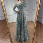 Luxury Turquoise Beaded A-Line Evening Dress with Puffy Sleeves LA73177