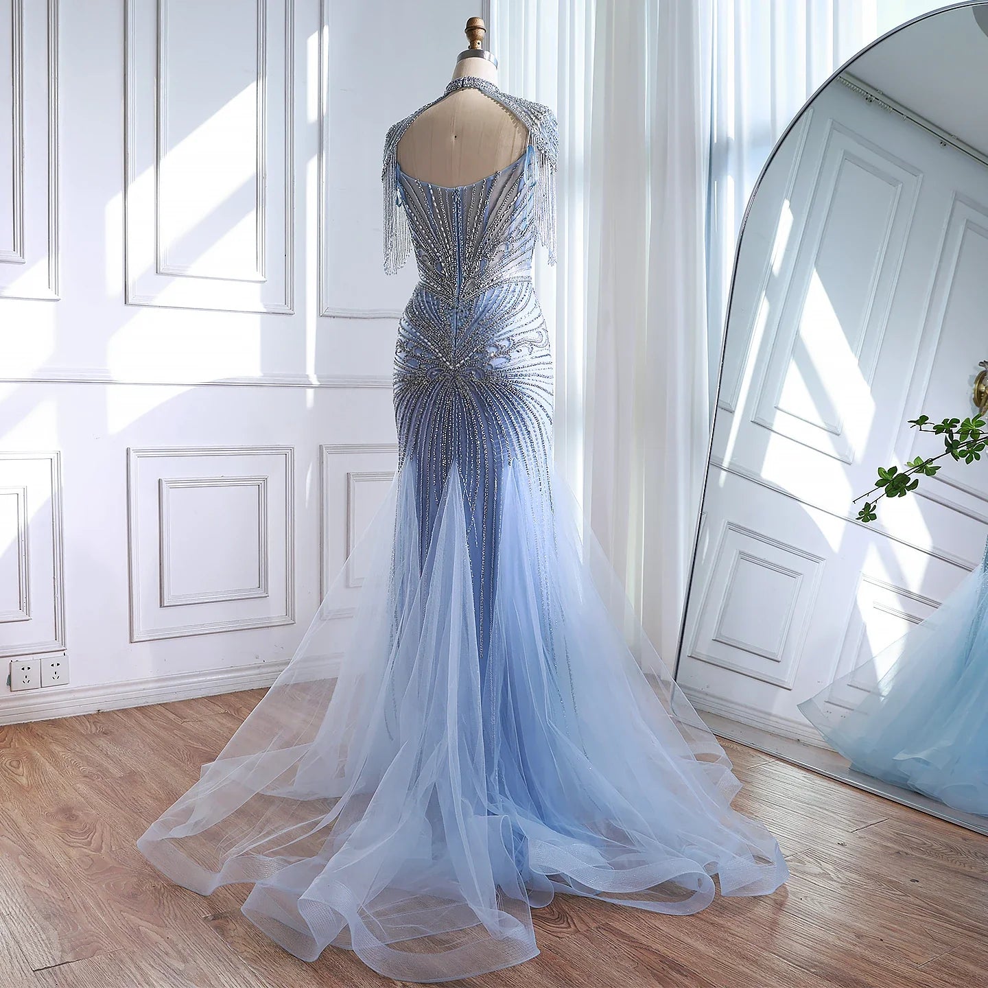 Luxury Dubai Beaded Blue Pink Evening Dress with Tassel Cape LA72897B - SERENE HILL