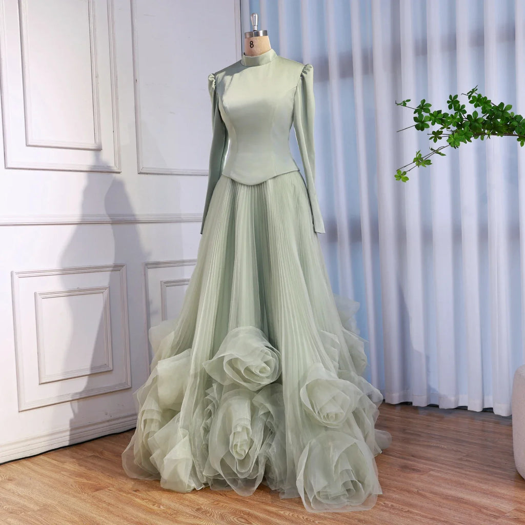 Luxury Sage Green Modest Muslim 3D Flower A-Line Evening Dress LA72913B - SERENE HILL