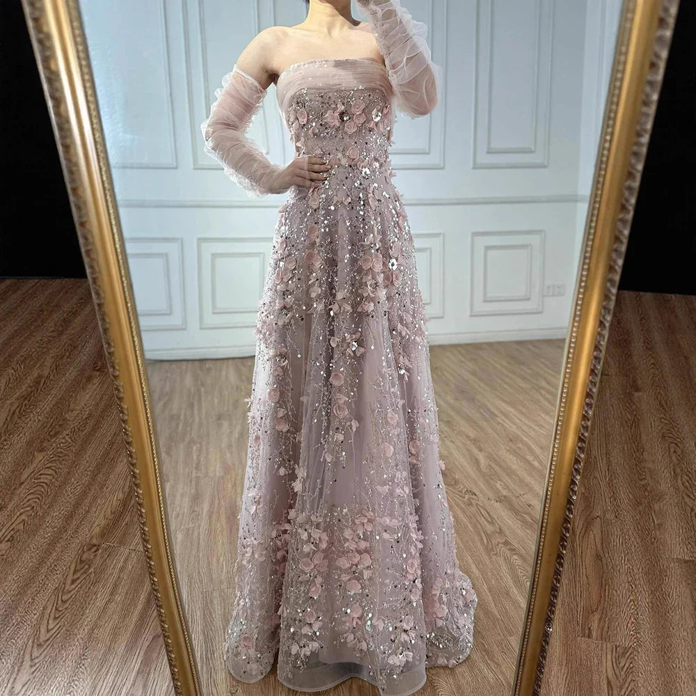 Elegant Pink 3D Flowers Evening Dress with Gloves LA72912