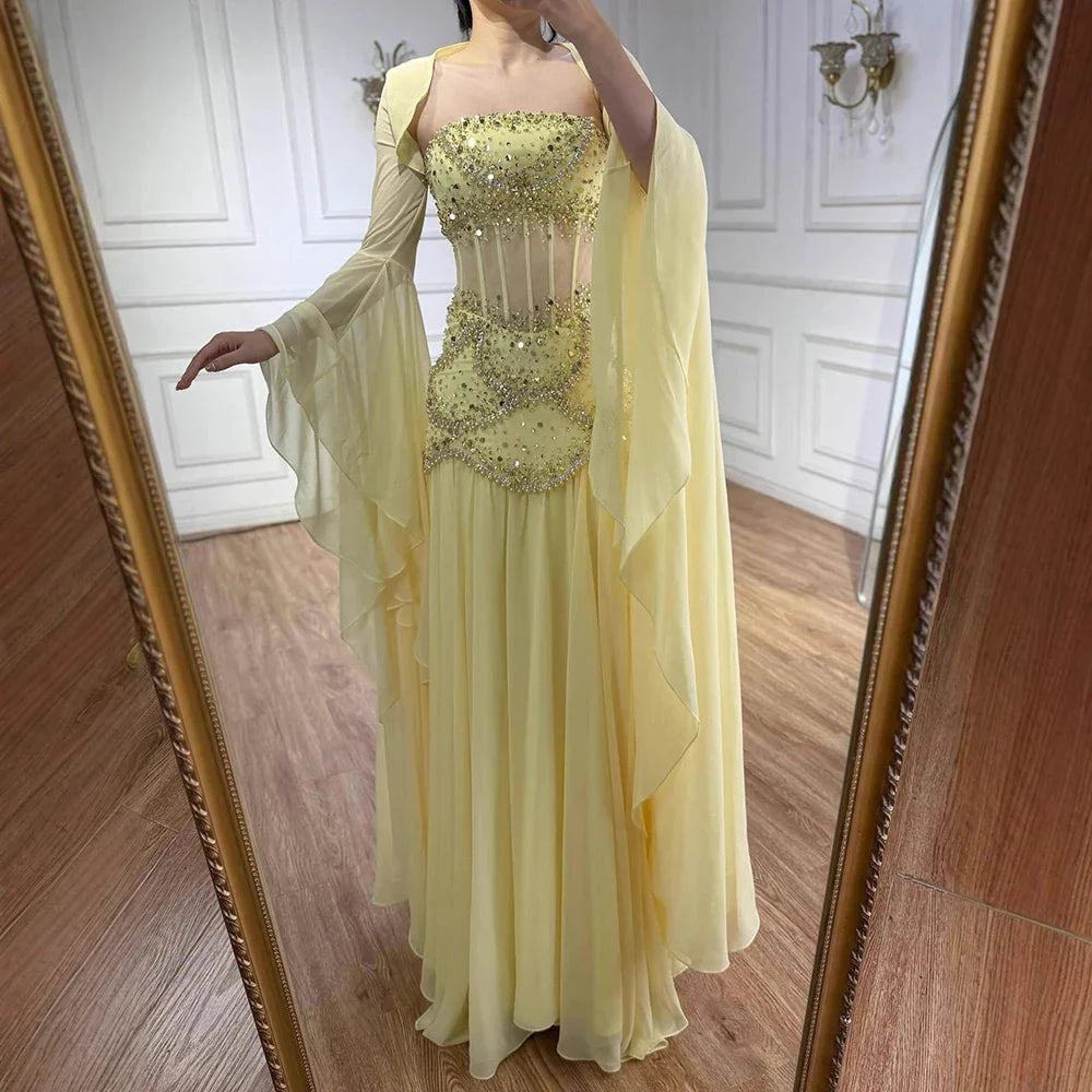 Luxury Blue Evening Dress with Pearls Tassels and Flowing Coat LA72978A