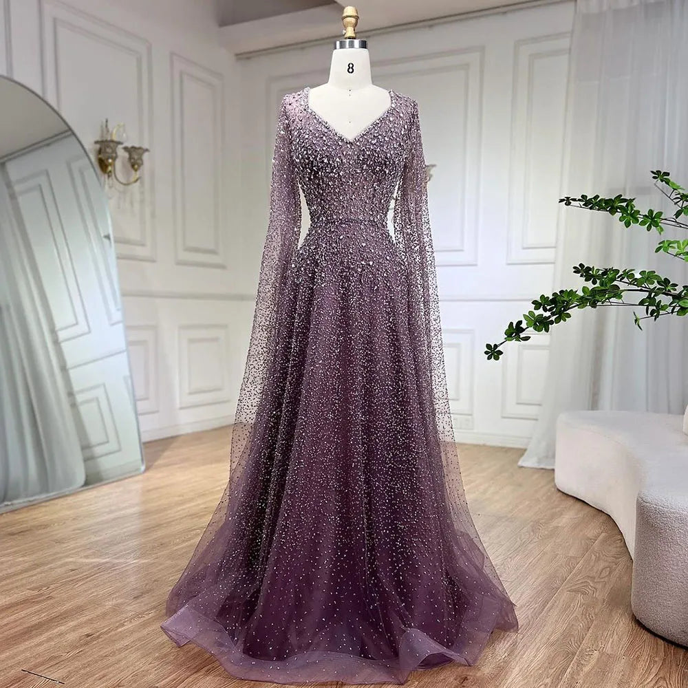 Luxury Purple A-Line Evening Dress with Cape Sleeves Plus Size LA72147A