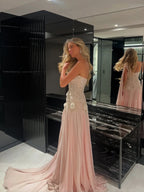 Luxury Pink Arabic Floral chiffon Evening Dress With Cape LA73451