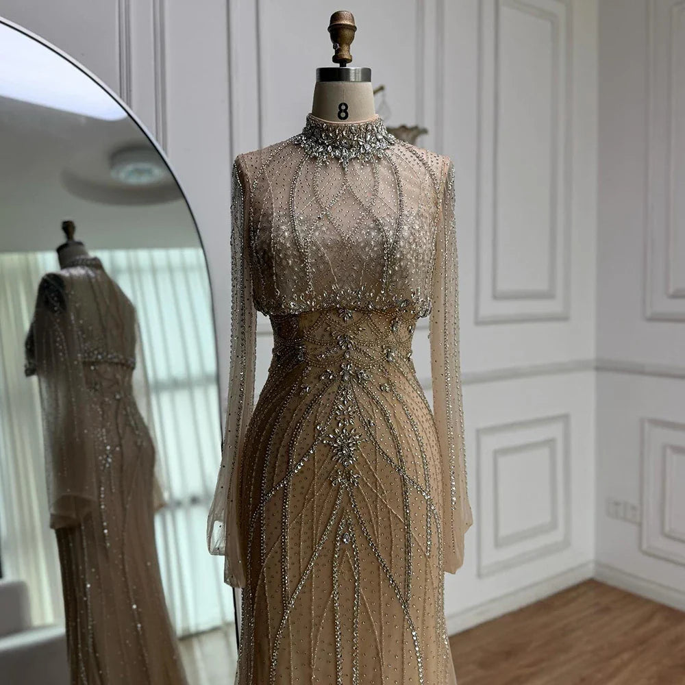 Luxury Turquoise Crystal Beaded Mermaid High Neck Long Sleeve Evening Dress LA73136