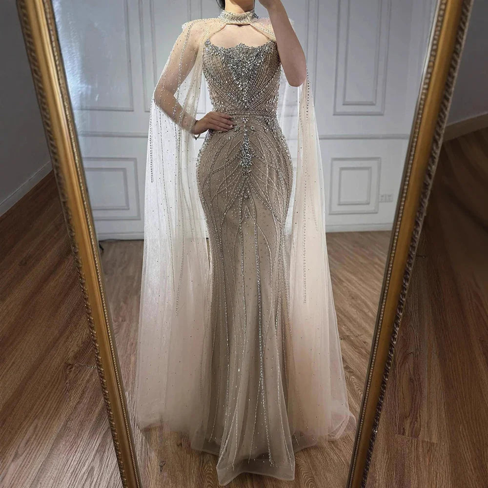 Luxury Dubai Nude Mermaid Evening Dress with Cape Sleeves LA73195 - SERENE HILL