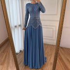 Green Modest Elegant Beaded Evening Dress with Long Sleeves LA72962