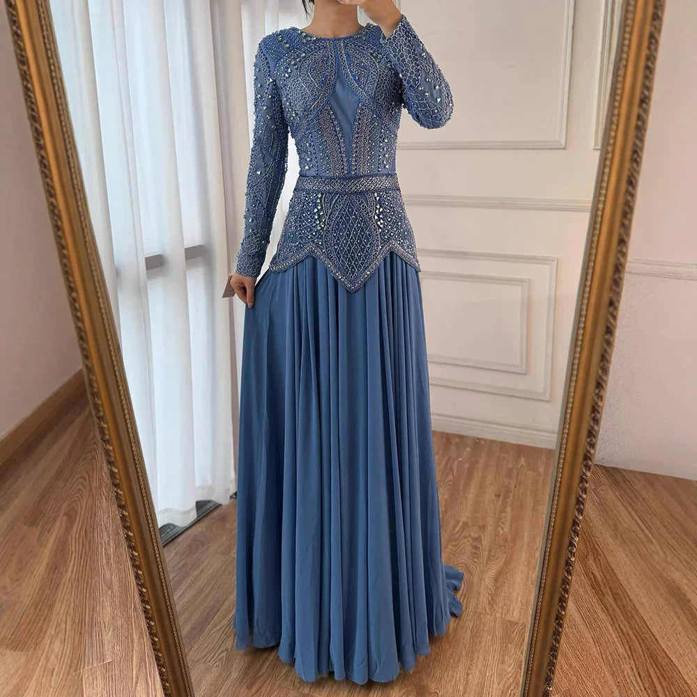 Green Modest Elegant Beaded Evening Dress with Long Sleeves LA72962