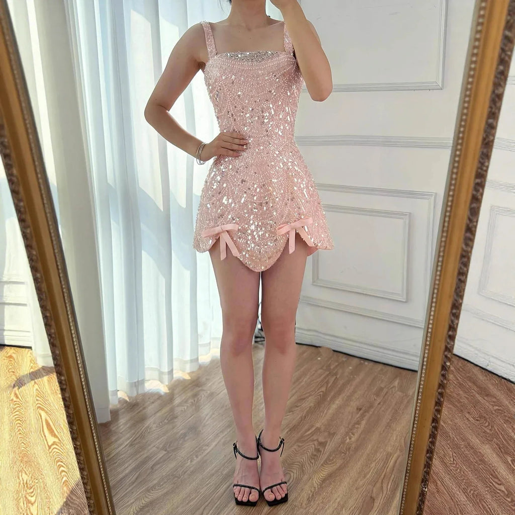 Luxury Nude Pearl Beaded A-Line Mini Evening Dress LA73211 - SERENE HILL