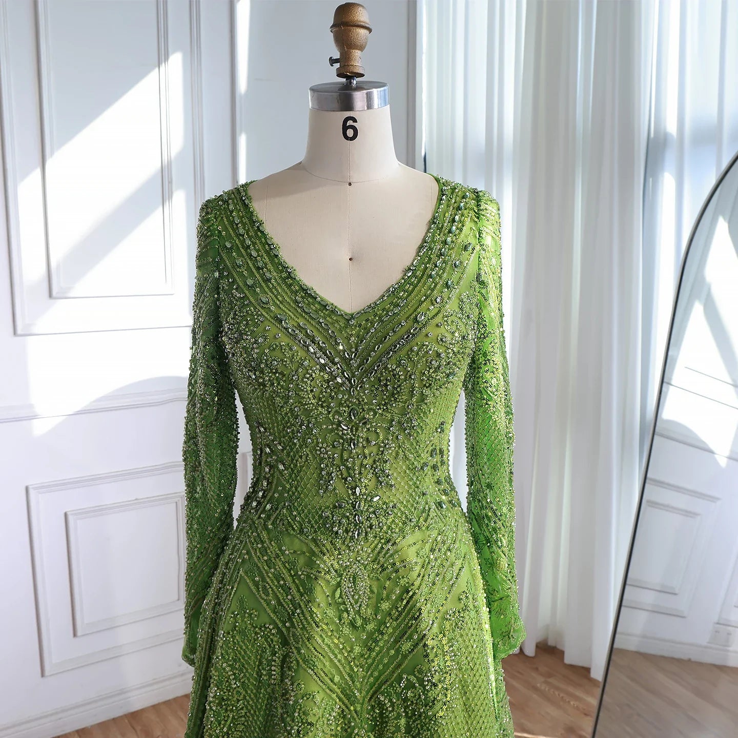 Luxury Lime Green Lace Beaded Long Sleeve Evening Dress LA73324 - SERENE HILL