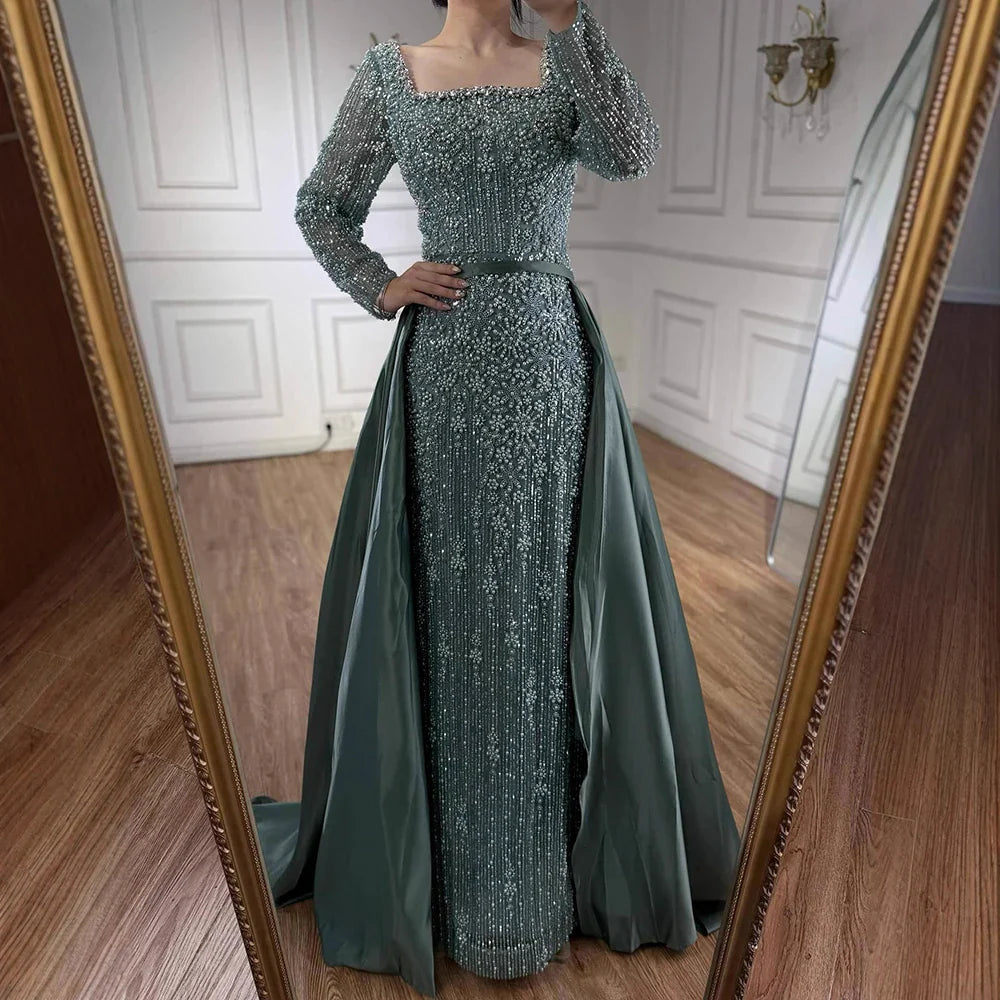 Luxury  Dubai Arabic Muslim Caramel Mermaid Beaded Evening Gown with Overskirt LA72533A