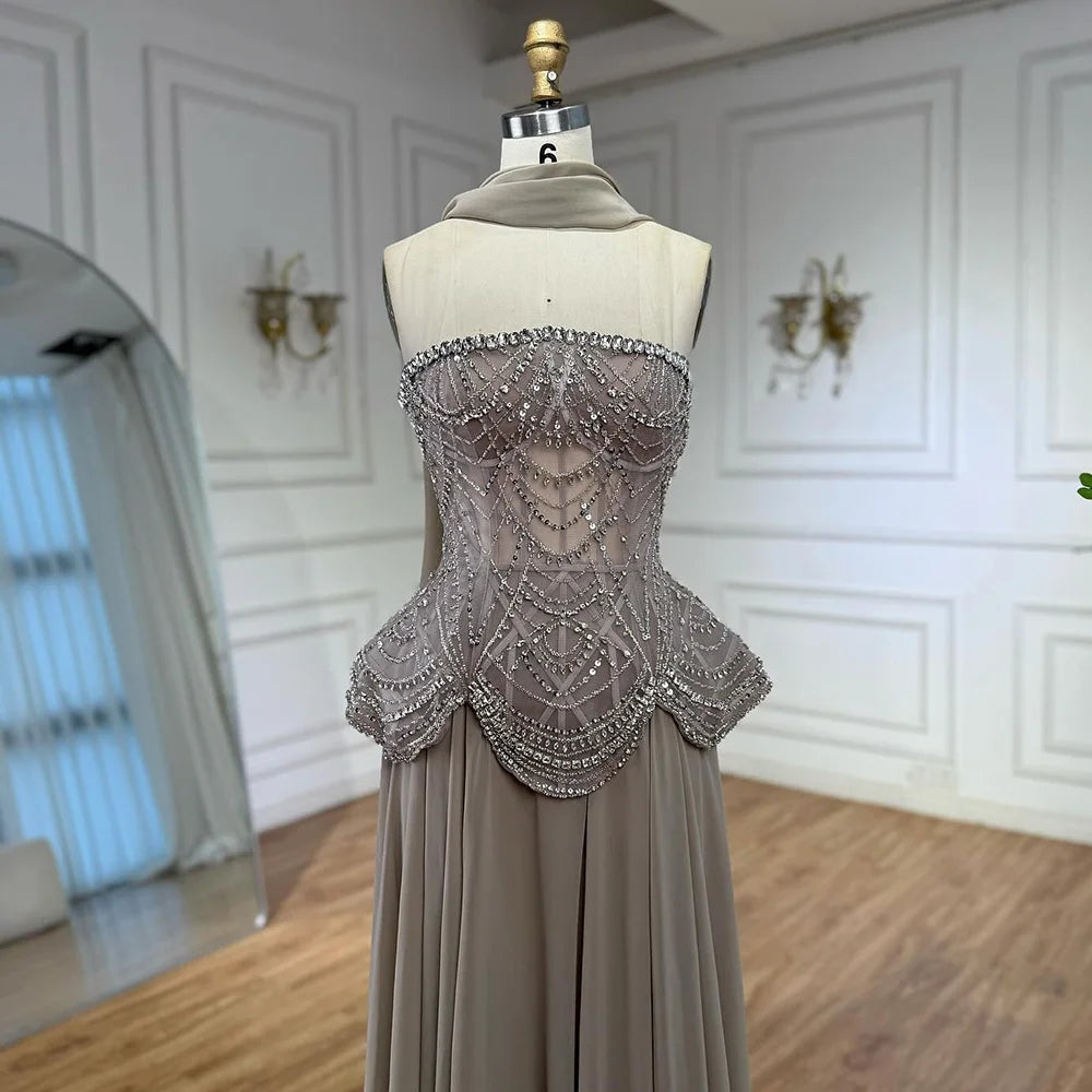 Luxury Designer Nude Beaded Chiffon Evening Dress LA72915