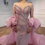 Red Trapless Mermaid Beaded Evening Dress with Cape LA72896