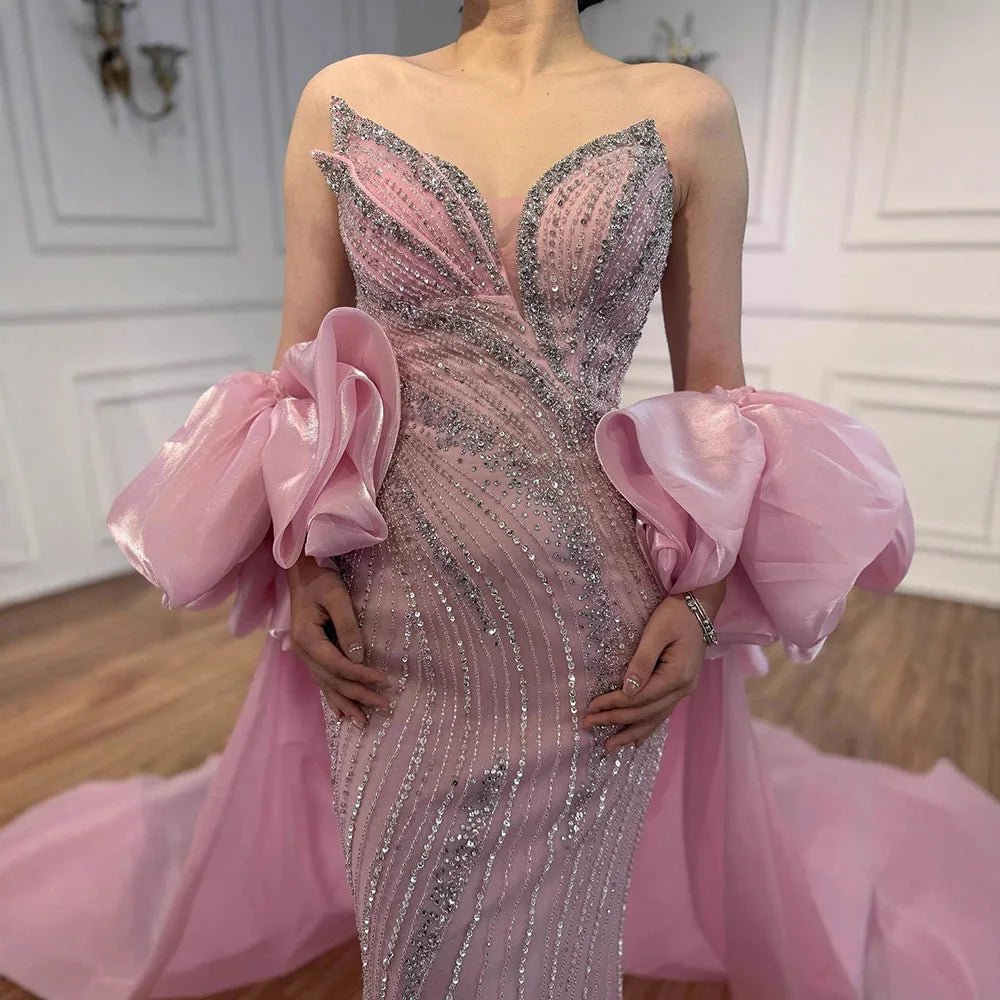 Red Trapless Mermaid Beaded Evening Dress with Cape LA72896