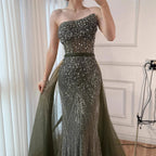 Luxury Olive Green Beaded Mermaid Evening Dress with Detachable Overskirt LA73164A