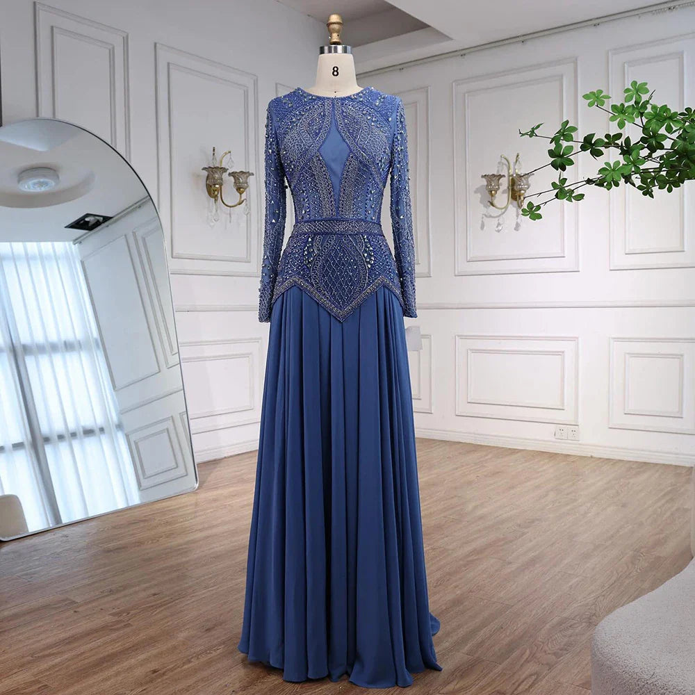 Green Modest Elegant Beaded Evening Dress with Long Sleeves LA72962