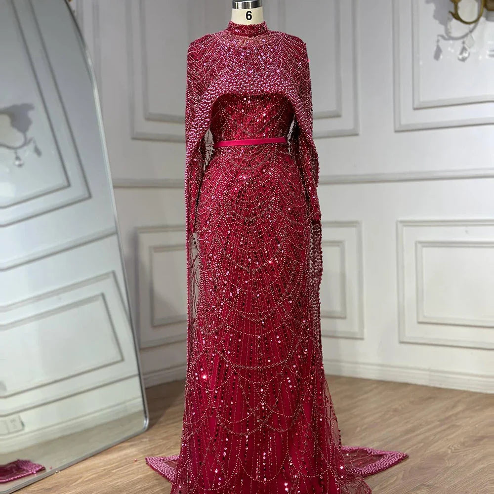 Muslim Long Cape Dubai Crystal Beaded Evening Gown LA72032M