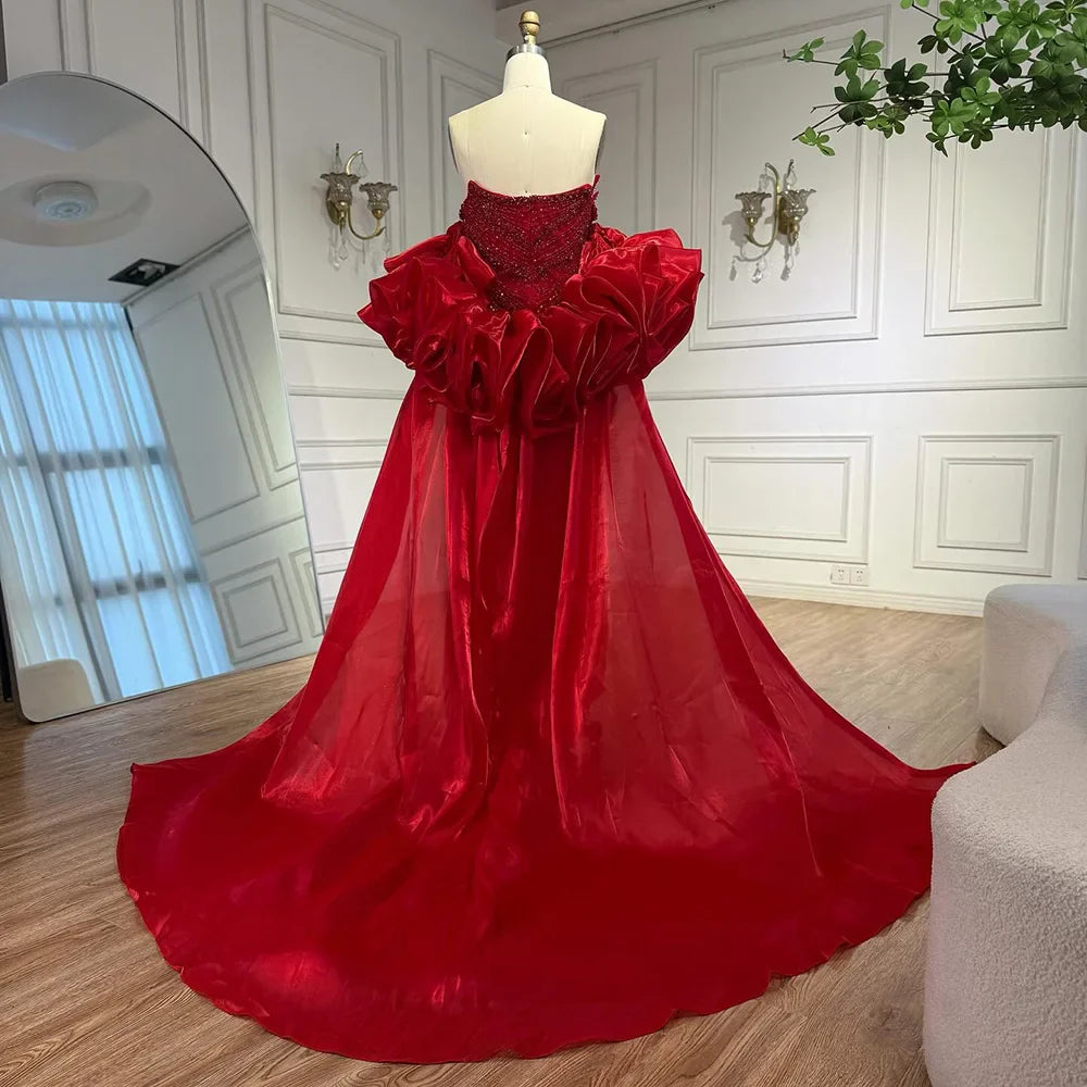 Red Trapless Mermaid Beaded Evening Dress with Cape LA72896