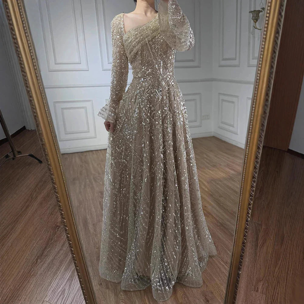 Luxury Turquoise Beaded A-Line Evening Dress with Puffy Sleeves LA73177