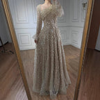 Luxury Turquoise Beaded A-Line Evening Dress with Puffy Sleeves LA73177