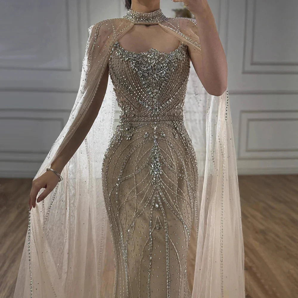 Luxury Dubai Nude Mermaid Evening Dress with Cape Sleeves LA73195 - SERENE HILL
