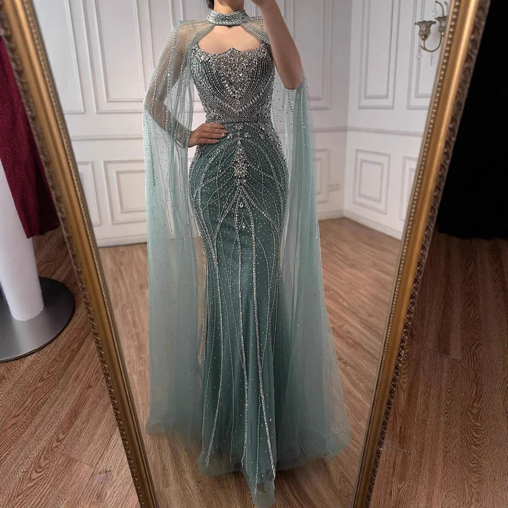 Luxury Dubai Nude Mermaid Evening Dress with Cape Sleeves LA73195 - SERENE HILL