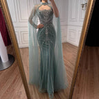 Luxury Dubai Nude Mermaid Evening Dress with Cape Sleeves LA73195 - SERENE HILL