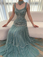 Luxury Turquoise Arabic Mermaid Beaded Evening Dress LA73189B