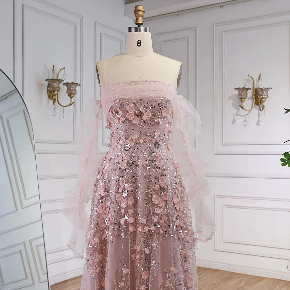 Elegant Pink 3D Flowers Evening Dress with Gloves LA72912