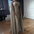 Modest Muslim Sage Green Evening Dress with Cape Long Sleeves LA72413A