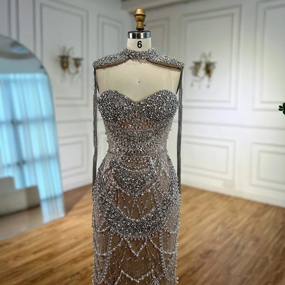 Nude Luxury Beaded Evening Dress with Tassel Short Cape LA72876