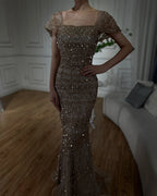 Luxury Dubai White Mermaid Beaded Evening Dress with  Cape Sleeves LA72714